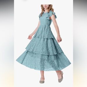 Girls Lace Maxi, Ruffle Sleeve Crewneck Tiered A-Line Swing Wedding Party Dress